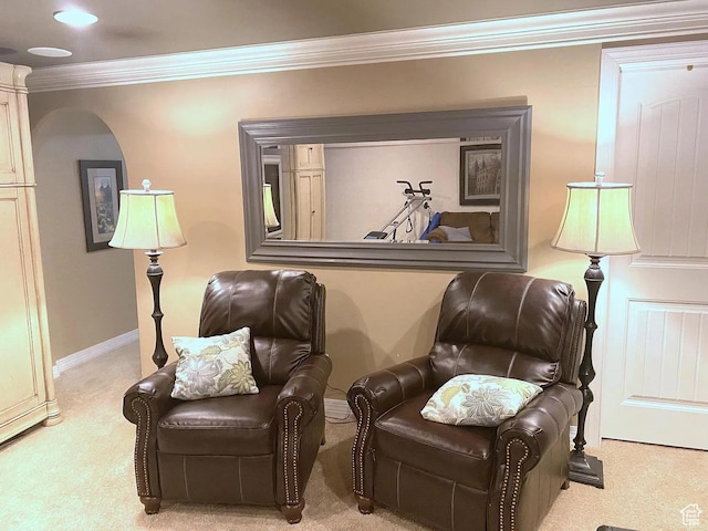 4854 N Shady Bend Ln, Lehi, UT 84043 - sitting room featuring carpet floors, crown molding, and arched walkways