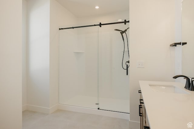 1026 W Chokecherry Dr Unit 135, Mapleton, UT 84664 - full bathroom with a shower stall, vanity, tile patterned flooring, and recessed lighting