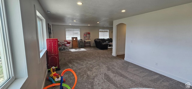 1275 S Lawrence Rd, Huntington, UT 84528 - playroom with carpet flooring, arched walkways, recessed lighting, and a textured ceiling