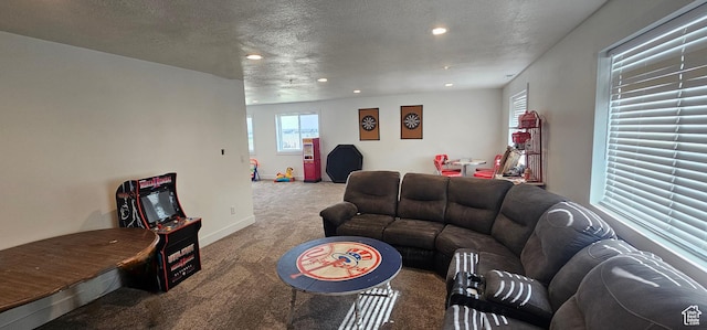 1275 S Lawrence Rd, Huntington, UT 84528 - carpeted living area featuring recessed lighting and a textured ceiling