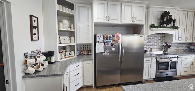 1275 S Lawrence Rd, Huntington, UT 84528 - kitchen with stainless steel appliances, wood finished floors, white cabinets, backsplash, and open shelves