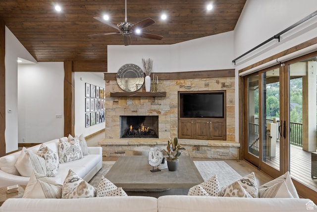 4014 W Hidden Cv Unit 11, Park City, UT 84098 - living room featuring wooden ceiling, a ceiling fan, wood finished floors, a fireplace, and recessed lighting