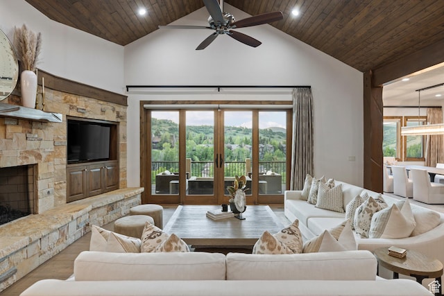4014 W Hidden Cv Unit 11, Park City, UT 84098 - living room featuring recessed lighting, high vaulted ceiling, wooden ceiling, wood finished floors, and a fireplace