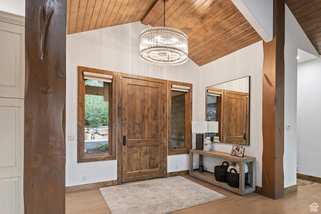 4014 W Hidden Cv Unit 11, Park City, UT 84098 - entrance foyer with a wood ceiling with exposed beams, a chandelier, wood finished floors, and high vaulted ceiling