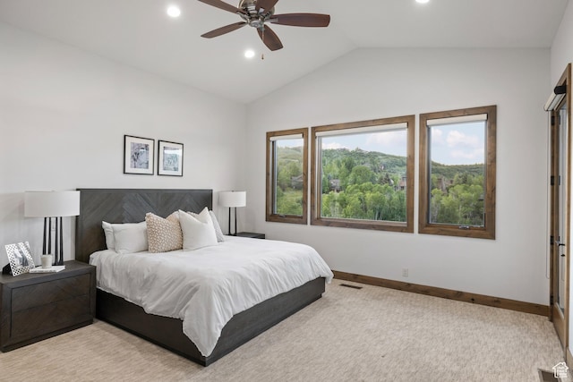 4014 W Hidden Cv Unit 11, Park City, UT 84098 - bedroom with vaulted ceiling, recessed lighting, light colored carpet, and ceiling fan