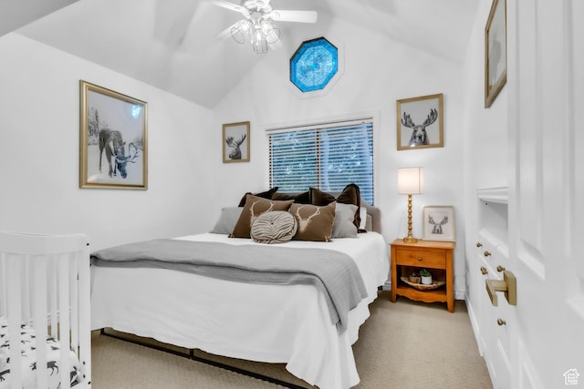 1960 N Lake Dr, Scofield, UT 84526 - bedroom featuring carpet, vaulted ceiling, and a ceiling fan