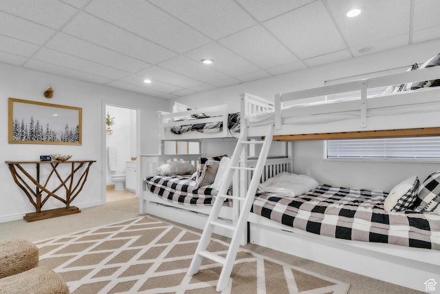 1960 N Lake Dr, Scofield, UT 84526 - carpeted bedroom with recessed lighting, a drop ceiling, and ensuite bath
