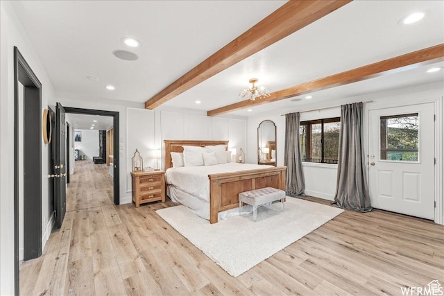 1960 N Lake Dr, Scofield, UT 84526 - bedroom with beamed ceiling, light wood-style flooring, recessed lighting, and a chandelier