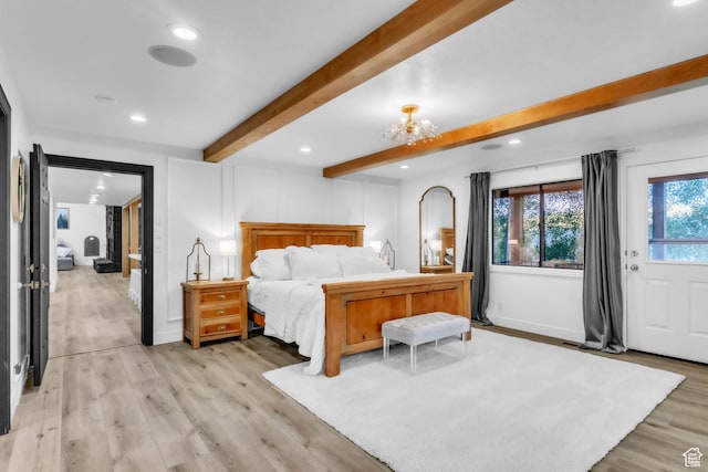 1960 N Lake Dr, Scofield, UT 84526 - bedroom with beam ceiling, light wood finished floors, recessed lighting, and a chandelier
