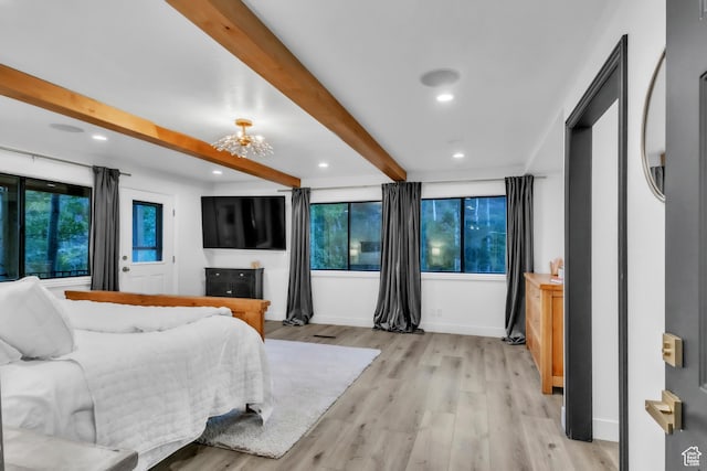 1960 N Lake Dr, Scofield, UT 84526 - bedroom with beam ceiling, light wood-style flooring, a chandelier, and recessed lighting