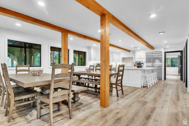 1960 N Lake Dr, Scofield, UT 84526 - dining space with beamed ceiling, plenty of natural light, light wood-type flooring, and recessed lighting