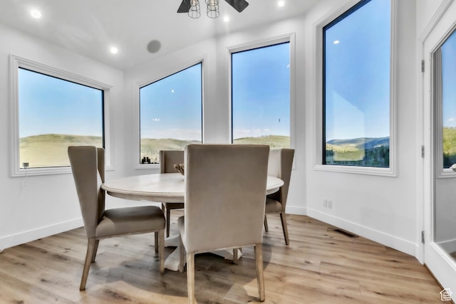 1960 N Lake Dr, Scofield, UT 84526 - dining room featuring light wood finished floors, recessed lighting, and a ceiling fan