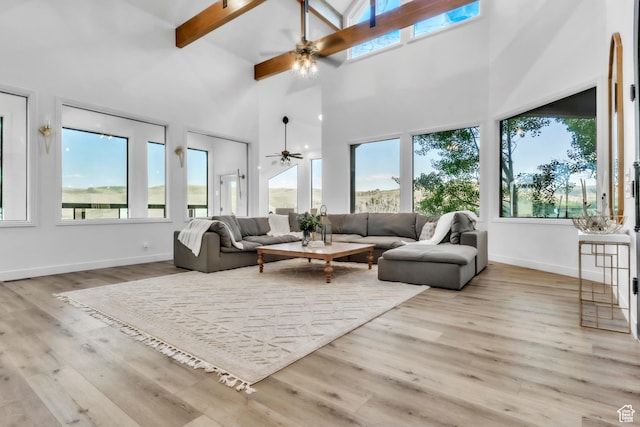 1960 N Lake Dr, Scofield, UT 84526 - living room featuring a ceiling fan, plenty of natural light, high vaulted ceiling, beamed ceiling, and wood finished floors
