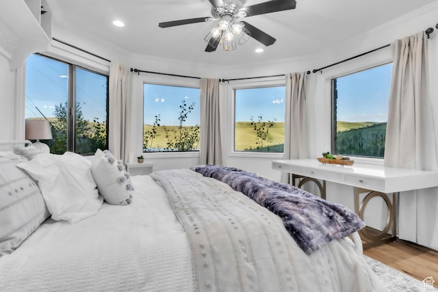 1960 N Lake Dr, Scofield, UT 84526 - bedroom with ornamental molding, wood finished floors, recessed lighting, and ceiling fan
