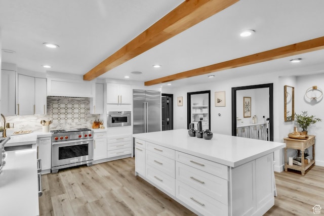 1960 N Lake Dr, Scofield, UT 84526 - kitchen featuring premium appliances, beamed ceiling, light countertops, decorative backsplash, and recessed lighting