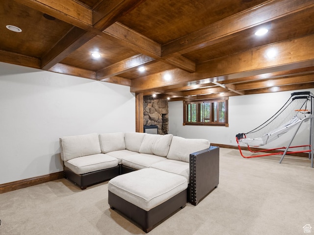 2586 S 1825 E, Ogden, UT 84401 - living area featuring light colored carpet, a wooden ceiling with exposed beams, recessed lighting, and a stone fireplace