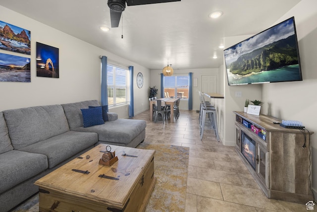 3853 Red Valley Cir Unit 22A1, Moab, UT 84532 - living area featuring ceiling fan, recessed lighting, and light tile patterned floors