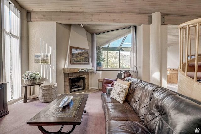 1485 Empire Ave Unit 513, Park City, UT 84060 - living area featuring wood ceiling, carpet, and a tile fireplace