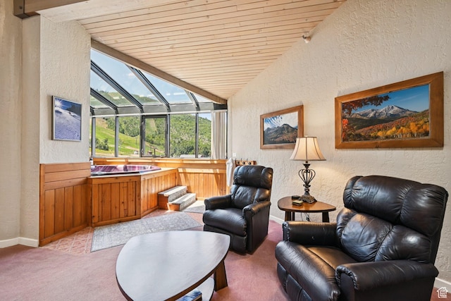 1485 Empire Ave Unit 513, Park City, UT 84060 - sitting room with a textured wall, vaulted ceiling, light colored carpet, wooden ceiling, and a sunroom