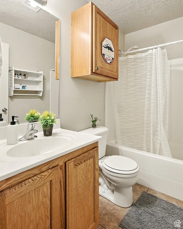 253 N 4300 W, Cedar City, UT 84720 - bathroom with a textured ceiling, vanity, shower / bathtub combination with curtain, and tile patterned floors