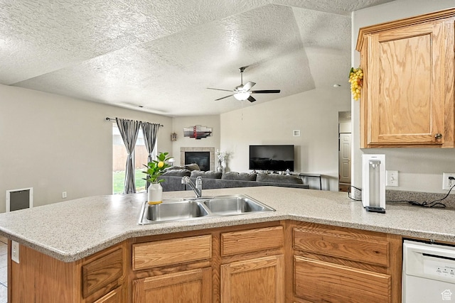 253 N 4300 W, Cedar City, UT 84720 - kitchen featuring dishwasher, a textured ceiling, ceiling fan, vaulted ceiling, and light countertops