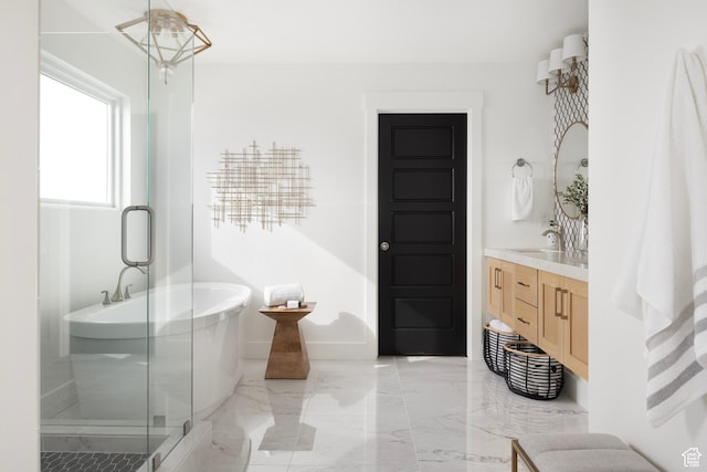 719 W Horizon Dr Unit 134, Lehi, UT 84048 - bathroom featuring vanity, a freestanding tub, marble tiled flooring, and a shower stall