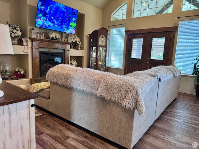 23 S 2200 W, Roosevelt, UT 84066 - living room featuring plenty of natural light, dark wood-style floors, vaulted ceiling, and a glass covered fireplace