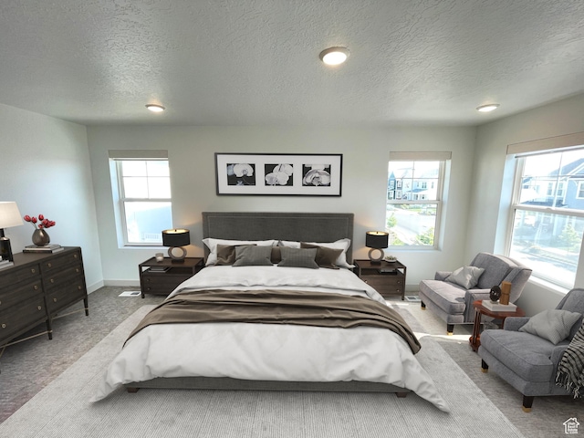 11766 S Watercourse Rd, South Jordan, UT 84009 - bedroom with a textured ceiling, multiple windows, carpet flooring, and recessed lighting