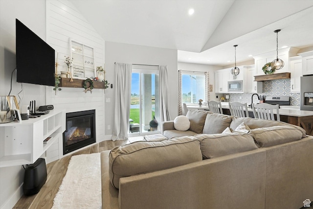 4781 N Selma Way, Erda, UT 84074 - living room featuring lofted ceiling, light wood-style floors, a large fireplace, and recessed lighting