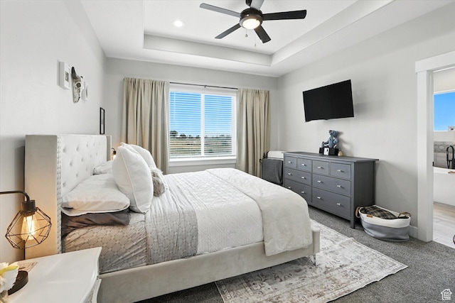 4781 N Selma Way, Erda, UT 84074 - bedroom featuring carpet, a raised ceiling, a ceiling fan, and recessed lighting