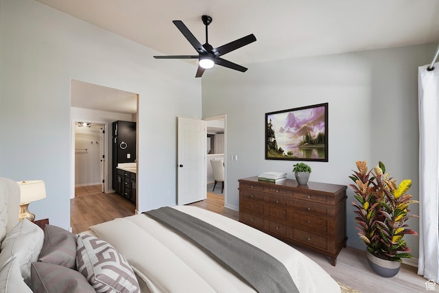 3760 S Carlisle Park Pl W Unit 3, Salt Lake City, UT 84119 - bedroom featuring light wood-type flooring, ensuite bathroom, lofted ceiling, and a ceiling fan