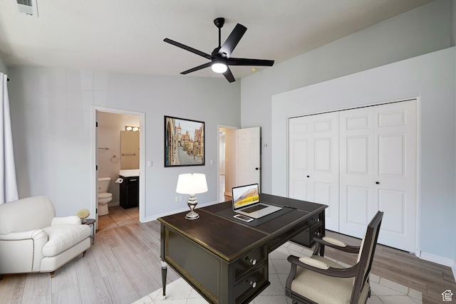 3760 S Carlisle Park Pl W Unit 3, Salt Lake City, UT 84119 - home office featuring ceiling fan, lofted ceiling, and light wood-type flooring