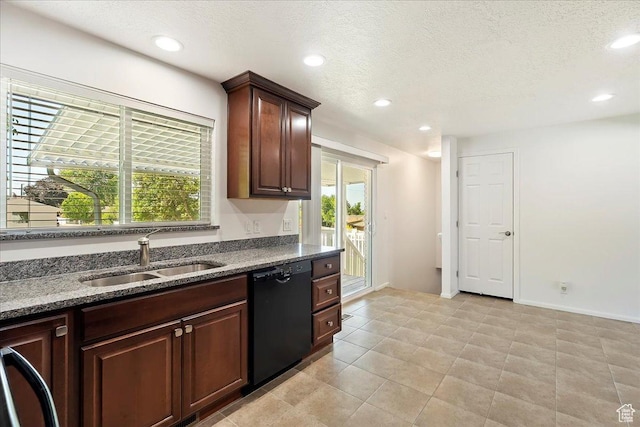 1414 E 275 N, Layton, UT 84040 - kitchen featuring dishwasher, dark stone counters, recessed lighting, a textured ceiling, and light tile patterned flooring