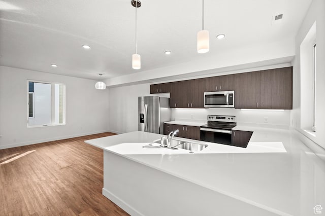 1034 W 1700 S Unit 124, Salt Lake City, UT 84104 - kitchen featuring stainless steel appliances, dark brown cabinets, light countertops, a peninsula, and wood finished floors