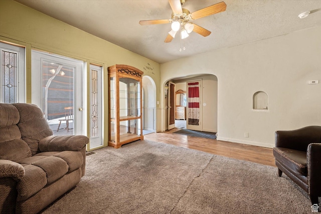 263 E Factory St, Garland, UT 84312 - living area featuring arched walkways, ceiling fan, and healthy amount of natural light