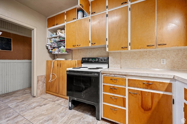 263 E Factory St, Garland, UT 84312 - kitchen with white range with electric stovetop, open shelves, light countertops, and wainscoting