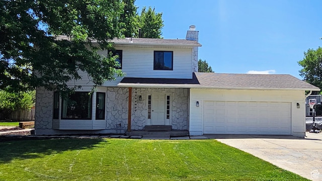 151 W 1485 N, Orem, UT 84057 - traditional-style house with a chimney, a front yard, stone siding, a garage, and concrete driveway