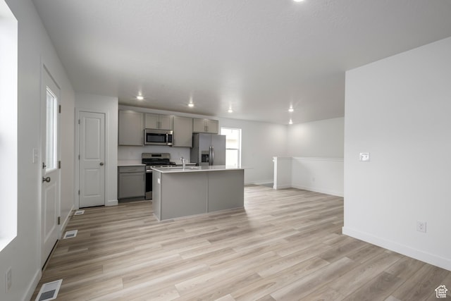 1857 E Bison Dr Unit B217, Eagle Mountain, UT 84005 - kitchen featuring stainless steel appliances, gray cabinetry, light wood-type flooring, light countertops, and an island with sink