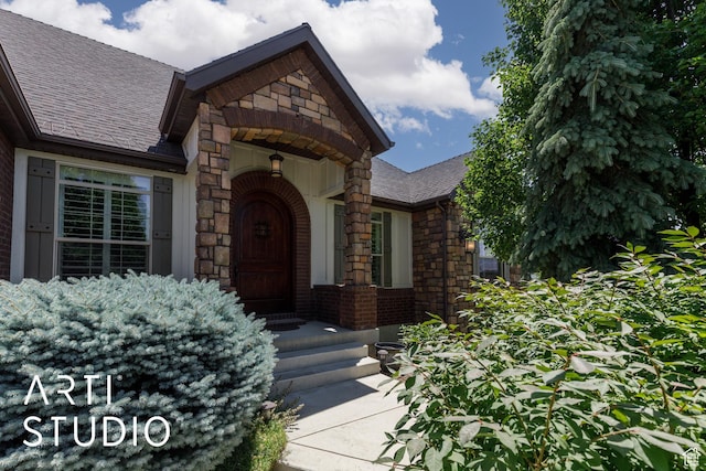 2124 N Heritage Dr, Farr West, UT 84404 - entrance to property with a shingled roof, brick siding, and stone siding