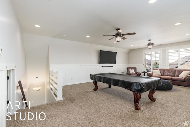 2124 N Heritage Dr, Farr West, UT 84404 - rec room featuring carpet floors, a wainscoted wall, recessed lighting, pool table, and a ceiling fan