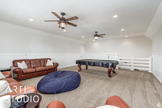 2124 N Heritage Dr, Farr West, UT 84404 - recreation room featuring ceiling fan, carpet, a wainscoted wall, recessed lighting, and billiards table