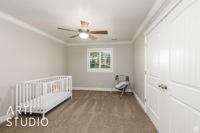 2124 N Heritage Dr, Farr West, UT 84404 - carpeted bedroom with ornamental molding, a crib, and ceiling fan