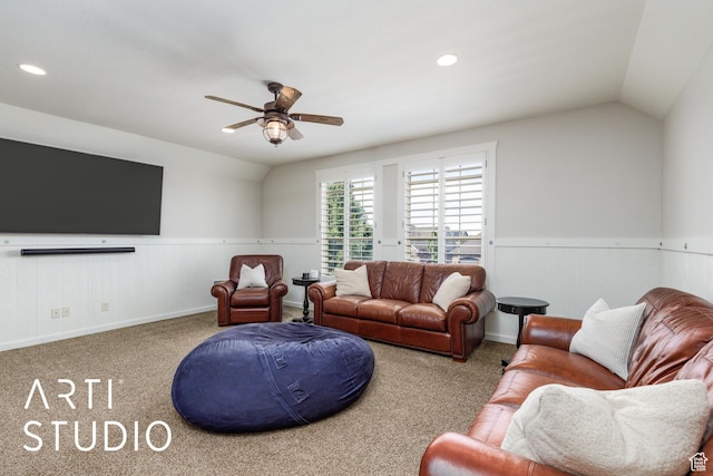 2124 N Heritage Dr, Farr West, UT 84404 - carpeted living room with ceiling fan, lofted ceiling, recessed lighting, and a wainscoted wall
