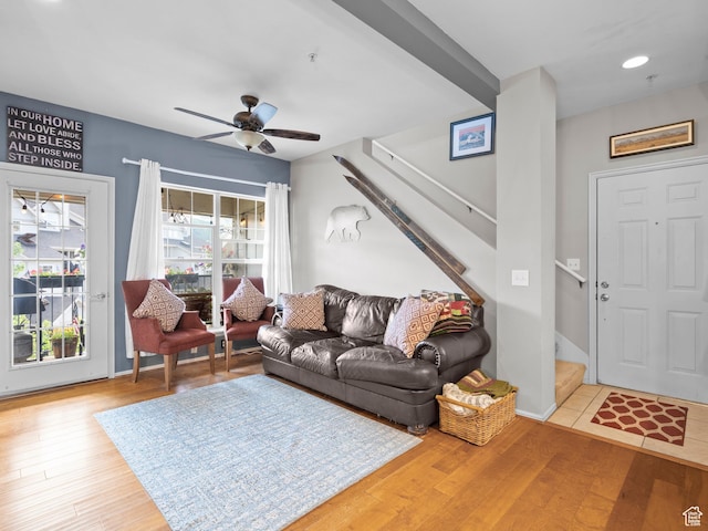 900 Bitner Rd Unit D 34, Park City, UT 84098 - living area with stairs, a ceiling fan, wood finished floors, and recessed lighting