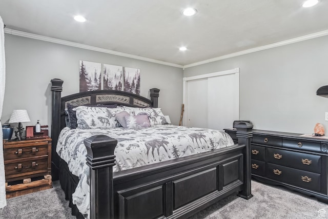 254 W 1600 N, Harrisville, UT 84404 - bedroom featuring light colored carpet, crown molding, a closet, and recessed lighting
