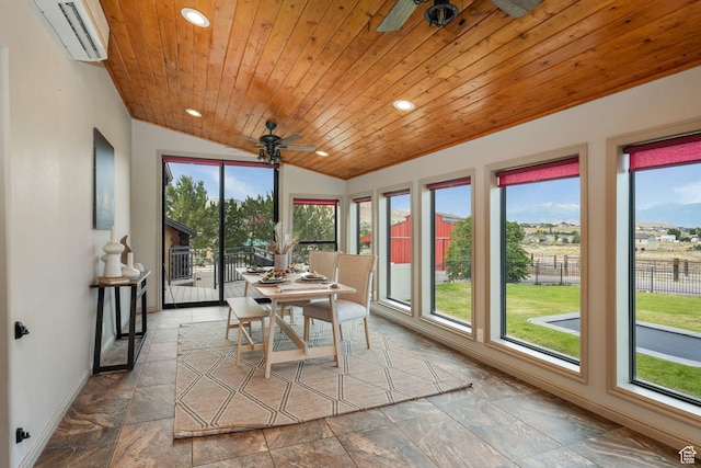 8656 N W Dr E, Eagle Mountain, UT 84005 - sunroom featuring a wall mounted air conditioner, vaulted ceiling, wood ceiling, recessed lighting, and stone finish floors