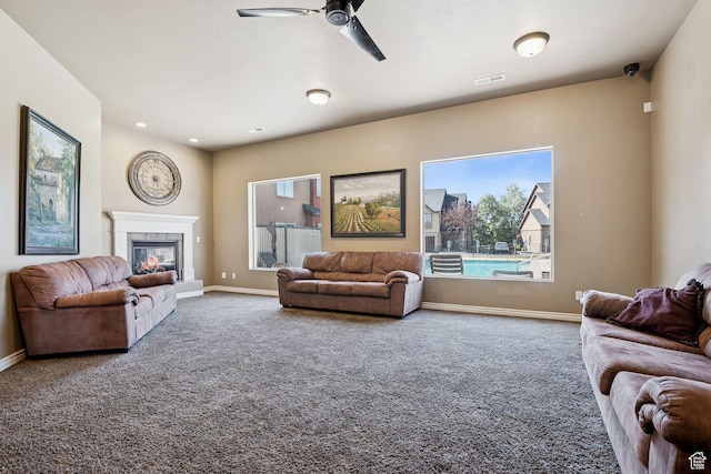 345 S 930 W, Pleasant Grove, UT 84062 - carpeted living area with a high end fireplace, ceiling fan, and recessed lighting