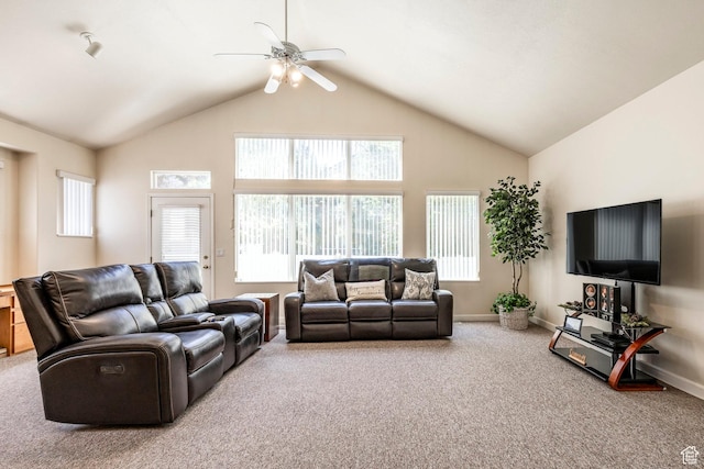 674 E Free Land Ave S, Midvale, UT 84047 - living room featuring carpet, ceiling fan, plenty of natural light, and high vaulted ceiling