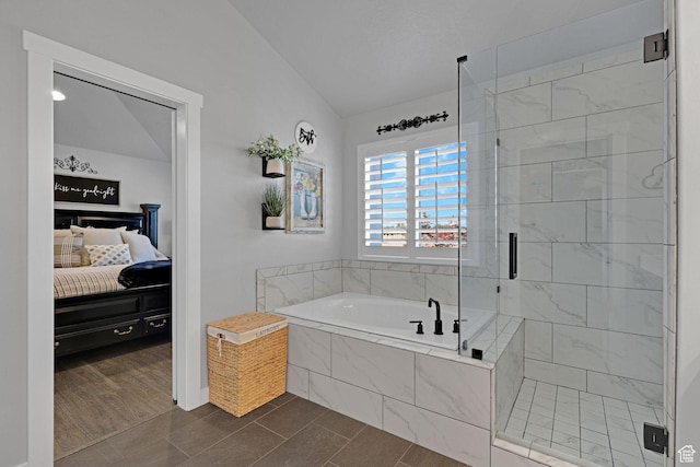 1792 W Norway Spruce Dr, Layton, UT 84041 - ensuite bathroom with a bath, a stall shower, lofted ceiling, and tile patterned flooring