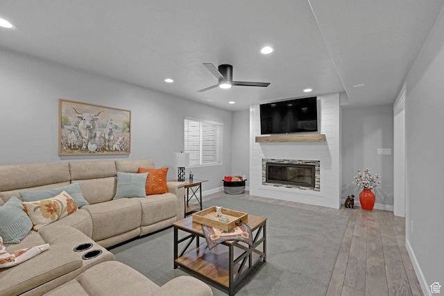 1792 W Norway Spruce Dr, Layton, UT 84041 - living area featuring wood-type flooring, ceiling fan, recessed lighting, and a large fireplace